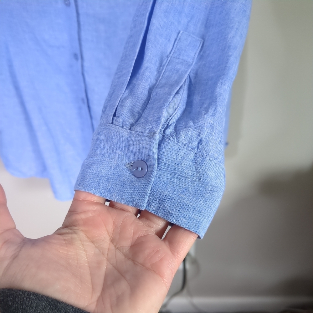 Patrizia Luca Milano Blue Chambray Button‑Up Top Linen Blend Sz M Flared Hem - Picture 5 of 8